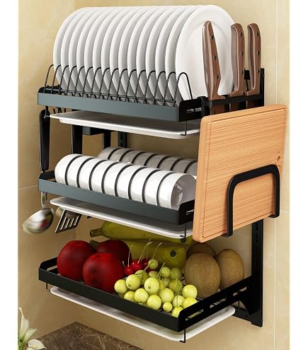 ASIEIT Scolapiatti 3 Ripiani 85 Cm Per Piccole Cucine, Salvaspazio Con Coperchio, Portautensili E Ganci, Acciaio Carbonio Nero, Organizer Da Lavello - 2