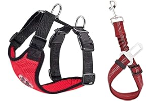 SlowTon Ensemble de Harnais et Laisse de sécurité de Voiture, Multifonction Tissu Réglable Respirant Gilet Ordinaire Harnais avec Ceinture De Sécurité en Voiture Route Voyage Promenade