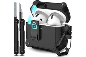 RFUNGUANGO Custodia compatibile con AirPods 4th con clip di blocco di sicurezza, custodia pop-up automatica, custodia protettiva rigida antiurto per tutto il corpo,Nero