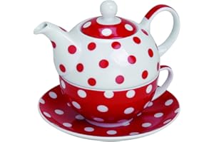 WURM Set con teiera, tazza e piattino da tè, per una persona, motivo a pois, colore: rosso, 15 x 14 cm, in porcellana, confezione regalo