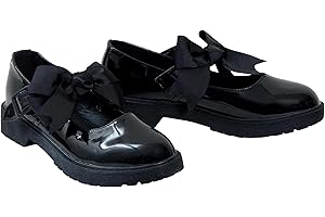 shelikes Girls Back to School Shoes Mary Jane Flat Shoes with Detachable Bow & Black Patent Shiny Ankle Strap
