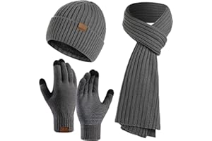 KUNYEAH 3PCS Winter Unisex Hat Scarf Gloves Set Warm Knit Beanie Hat Touchscreen Gloves Long Scarf Outfit for Men and Women
