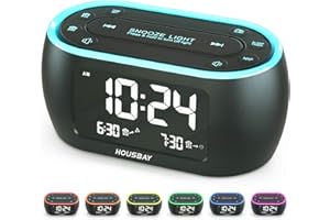 HOUSBAY Glow Small Alarm Clock Radio for Bedrooms with 7 Color Night Light, Dual Alarm, Dimmer, USB Charger, Battery Backup, Nap Timer, FM Radio with Auto-Off Timer for Bedside