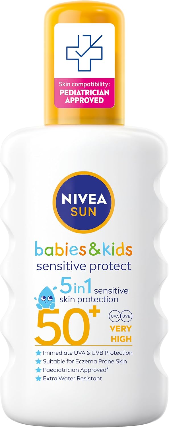 NIVEA SUN Kids Protect & Sensitive Spray (200ml) Sunscreen Spray with SPF 50+, Kids Suncream for Sensitive Skin, Immediately Protects Against Sun Exposure