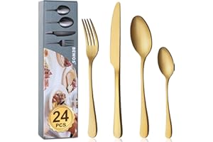 BEWOS Set di posate oro di alta qualità in Acciaio Inox, 24 Pezzi posate argenteria set-Forchette, Coltelli, Cucchiai, servizio per 6, lavabile in lavastoviglie