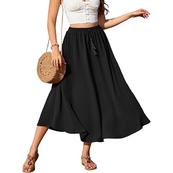 GRECERELLE Dames rok zomer midi-rok lange midi-rok A-lijn flowy met zakken licht en luchtig, Donkerblauw, M