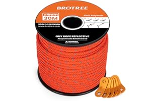 BROTREE Tent Guy Rope 4mm 30m Reflective Guy Line Heavy Duty Guide Rope with 6Pcs Aluminum Tensioners for Tent Gazebo Awning Camping (Neon Orange)
