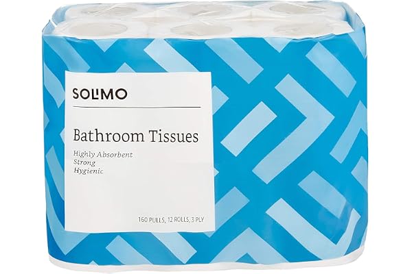 Amazon Brand - Solimo 3 Ply Toilet Paper Roll 1920 Pulls 160 Pulls X 12 Rolls Soft And Highly Absorbent 100% Natural Virgin Cellulose Fiber