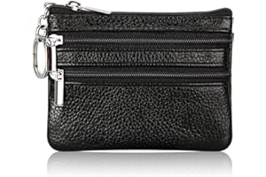 Gadom Small Coin Purse, Leather Wallet for Woman, Zipper Coin Pocket Small Ladies Purse with 3 Compartments & Keychain, Lightweight, Easy to Carry (Black)