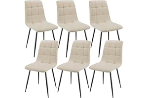 JIJIAN Set di 6 Sedie da Pranzo, Sedie Imbottite con Tessuto di Lino e Gambe in Metallo Nero, Design a Scacchi, per Sala da Pranzo, Soggiorno, Camera da Letto, Cucina, Soggiorno, Reception, Beige
