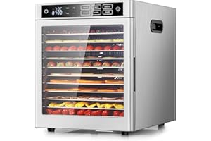 ‎KWASYO Kwasyo Dörrautomat 12 Etagen Edelstahl, 6 Voreinstellungen für Früchte, Gemüse, Fleisch, Blumen, 85°C Temperaturregelung, 24 Timer, 800W Dörrautomat, Rezept inklusive