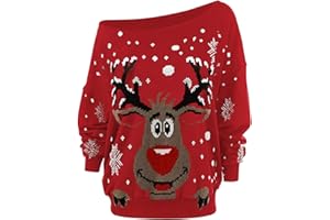GENERIC One Shoulder Weihnachtspullover Damen Große Größen Winter Langarm Rundhals Pullover Sweatshirt mit Weihnachtsmotiv Rentier Drucken Weihnachtspulli Lose Bluse Oberteil für Weihnachten Party