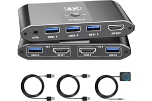 BDFFLY 4K@60Hz Commutateur KVM Switch HDMI 2 Port, Switch 2PC 1 Monitor 2 USB pour 2 Ordinateurs Partageant Clavier, Souris et Un Moniteur HD, avec 2 Câbles USB