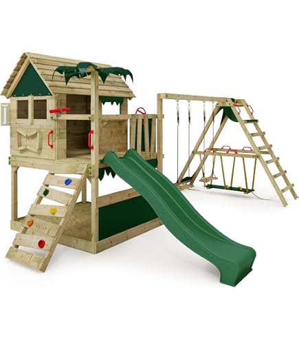 FATMOOSE JazzyJungle Jam XXL – Portique Bois Avec Balançoire, Toboggan, Mur D'escalade, Bac à Sable – Hauteur 120 Cm