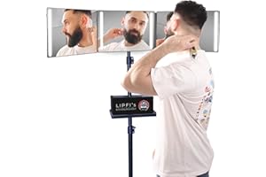 LIPFISBARBERSHOP.COM Espejo 360° con Trípode, Ganchos Ajustables y Bandeja: Espejo Portátil de 3 Vías con Cristal Verdadero, 4 Luces LED y Carga USB-C para Hombres y Mujeres – Corte de Pelo, Afeitado, Maquillaje