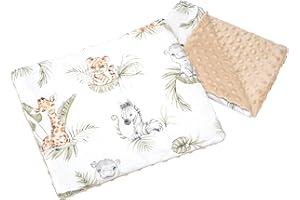 Medi Partners Kocyk niemowlęcy z poduszką, 100% bawełna, kocyk dziecięcy Minky, 55 x 75 + 35 x 30 cm, wielofunkcyjny do wózków dziecięcych, fotelik dziecięcy kołyski (Safari z beżowym Minky)