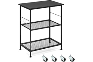 GiantexUK Kitchen Baker's Rack, 3 Tier Serving Cart Microwave Stand with Shelves, Lockable Wheels & 5/10 Hooks, Rolling Storage Trolley for Home Office Living Room(Black, Lower Mesh Shelves)