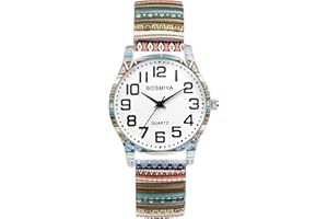 Oidea Stretch Band Watches for Women: Bohemia Flower Easy Reader Elastic Band Watch Large Face Big Number Analog Quartz Bracelet Watch Expansion Band Wristwatch