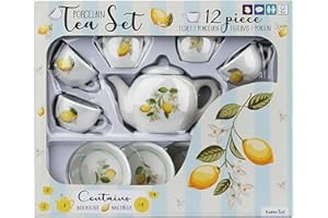 Barbo Toys – 12-teiliges Porzellan-Teeset Zitronen-Design | Rollenspiel-Teeservice für Kinder ab 3 Jahren | Tassen, Untertassen, Teekanne, Krug & Zuckerdose | Fördert Fantasie & soziale Fähigkeiten