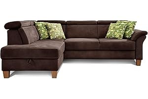 ‎CAVADORE Cavadore Ecksofa Ammerland mit Ottomane links / Federkern-Sofa im Landhausstil mit verstellbaren Kopfstützen / 245 x 84 x 194 / Lederoptik braun
