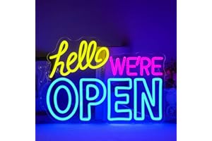 Ineonlife Open Neon Sign, luce led dimmerabile per decorazioni murali, insegne luminose al neon con USB, luci al neon blu, giallo e rosa Hello We're Open per bar, negozio, salone, hotel e caffè