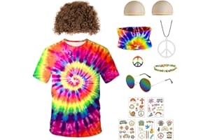 GRANTOP Kostium hipisowski dla mężczyzn i kobiet, zestaw kostiumu hipisowskiego, lata 60. 70., kostium hipisowski, męski i damski, koszulka hipisowska, peruka, okulary, pokój, naszyjnik, opaska na czoło,