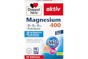 ‎DOPPELHERZ Doppelherz Magnesium 400 + B1 + B6 + B12 + Folsäure - Magnesium unterstützt die normale Muskelfunktion und den Energiestoffwechsel - 30 vegane Tabletten