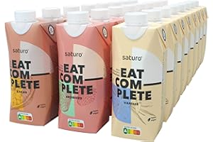 ‎SATURO Saturo Trinkmahlzeit Probierpaket | Proteinreich Mit 330kcal | Vegane Trinknahrung Mit 26 Nährstoffen | 24 x 330 ml (Erdbeere, Schokolade, & Vanille)