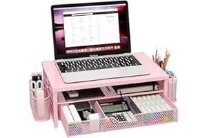 JMNBJM Monitor Stand Riser Metal, Office Desk riser with shelf Organizer, Office Organization ,Desk Organizer with Drawer and Pen Holder, 2-Tier Computer Stand, for iMac, PS4, PC, Printer, Notebook (Pink)