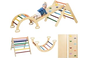 AIYAPLAY 5 en 1 Triangle Arche d'escalade Enfants en Bois Massif avec Rampe d'escalade réversible, Toboggan, Bascule, Parcours de motricité, Charge 50 kg, pour bébé de 18 à 48 Mois, Multicolore