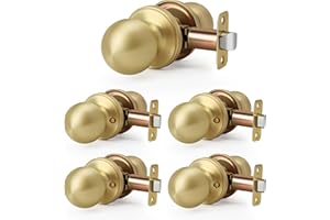 LOQRON Brushed Gold 5 Pack Wholesale Ball Design Door Knob No Lock, Passage Round Shaped Non-Locking Doorknob for Hallway/Closet, Satin Brass Finish