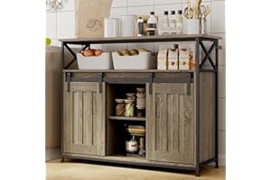 Blishom Credenza Cucina 100x33x80 cm, Mobile Organizzatore con 2 Porte Scorrevoli, Ripiani Regolabili e Struttura Robusta, Stile Country per Cucina Soggiorno，Grigio scuro