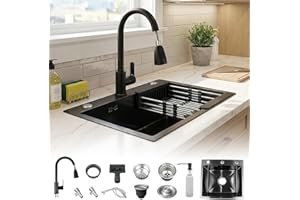 WUDLEP 50x45cm Black Kitchen Sink, Stainless Steel Single Bowl Sink, Drop-in Workstation Basin with Sliding Accessories, Ideal for Family, Commercial Kitchen