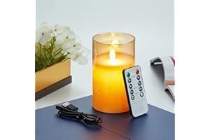 LONKENN Candele LED, Flickering Flameless Candele, Candele LED a Ricaricabile con Glass, Candele con Telecomando,Realizzato in Vera Paraffina,Funzione Timer 24 Ore per Decorazione,Festa,Vacanze-12.5cm Marrone