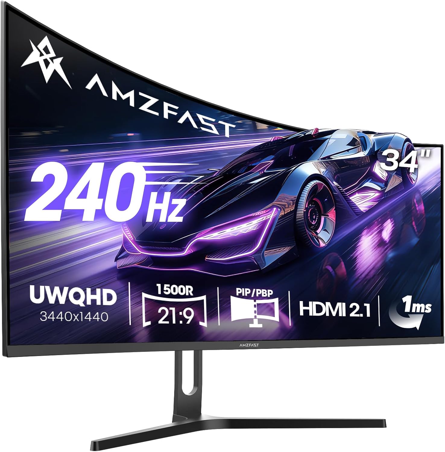 Amzfast 34 Inch Curved Gaming Monitor, 3440x1440p UWQHD, 240Hz, 1ms MPRT, 1500R Curved Screen, Adaptive Sync, HDR, 3000:1 Contrast, 130% sRGB, HDMI2.1&DP1.4, VESA 75x75mm, PIP/PBP, AMZG34C5Q Pro