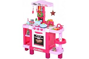 HOMCOM Cuisine pour Enfant Recettes Jeu d'imitation 38 Accessoires Inclus Sons et lumières polypropylène Rose