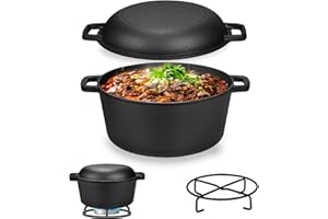 Velaze Pentola Olandese, Casseruola in Ghisa Doppia Funzione in Pre-Stagionato, Dutch Ovencon Coperchio, Adatta per Tutti i Tipi di Fornelli, per Campeggio, Cucina Casalinga, BBQ Bake