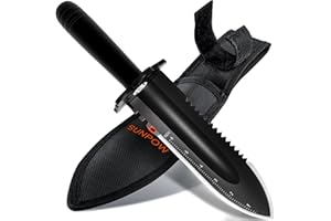 SUNPOW Robuste Gartenschaufel mit Tragescheide – Kleiner Spaten mit Doppelter Gezackter Kante, Grabungsmesser für Gartenarbeit & Camping, mit Messskala