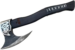 NovaHaven Handgefertigte Dekorative Axt – Klinge aus Kohlenstoffstahl mit Eschenholzgriff – Verschiedene Klingendesigns mit Ledergriff – Inkl. Schutzhülle – 4 Varianten (Curved Blade)