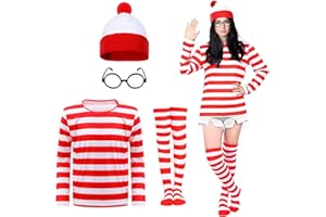 DAZZROI 3PCS Men's Wally Costume Set,Cosplay Accessories Set with Red&White Stripe Long Sleeve Top Bobble Hat Black Nerd Glasses,90s Fancy Dress Costume for World Book Day Halloween Dress Up Day