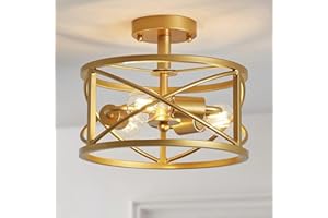 WUZUPS araña 3-light vintage farmhouse industrial semi-flush mount ceiling light modern lighting fixture for foyer bedroom hall storage room kitchen bathroom, h 30 x w 24, e27 base, gold