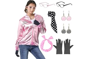 Suffolly Pink Lady Jacket 50s Pink Ladies Grease Outfit with Accessories Earrings Glasses Scarf Headband 1950s Costume Set Fancy Dress for Women Halloween Bachelorette Party