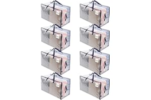 VENO Lot de 8 Grands Sac de Rangement avec Couvercle et Poignées Renforcées, Sac Demenagement, Cartons Déménagement de 102 L Résistant pour Rangement des Vêtements (Transparent, Lot de 8)