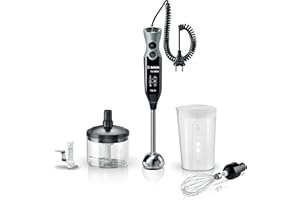 Bosch Frullatore a Immersione MSM67170, 750 W, 12 Velocità, Lama in Acciaio Inox, Impugnatura Ergonomica, Tritatutto, Lama Tritaghiaccio e Frusta Inclusi, Bicchiere Graduato, Cavo a Spirale, Nero