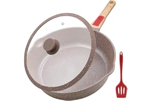 AIKENBBKK Poêle à Frire en Céramique avec Couvercle, Poêle 28 cm avec Antiadhésive Revêtement Céramique- Poignée Amovible- Résistant au four et & lave vaisselle- Marron