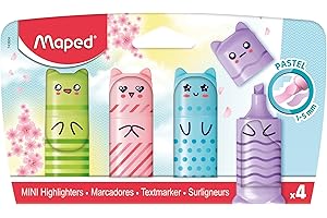 Maped - 4 mini surligneurs PASTEL - Petits Surligneurs de Poche Originaux en forme de personnages Kawaïi - Vert, Bleu, Rose et Violet Pastel