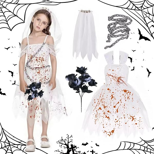 Costume Halloween Femme Mariée Zombie Sanglante - 12 Pièces (Jupe Tutu, Voile, Gants, Chaussettes, Autocollants) - Déguisement Horreur Carnaval Accessoires Cosplay Horreur