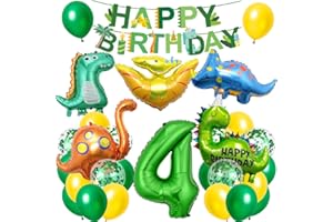 CADIMUS Dino Geburtstag Deko 4 Jahre, XXL Dinosaurier Deko Kindergeburtstag, Geburtstagsdeko Jungen 4 Jahre, Folienballon Dino 4 mit Happy Birthday Banner für Dinosaurier Party Kindergeburtstag