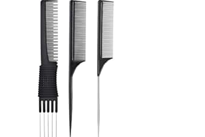 YIYAO Peine de Cola de Punta,Peine de Cola, Paquete de 3 peines de elevación de Carbono Negro con Punta de Metal, peines Traseros de salón, peines de Carbono Negro con elevación de Acero Inoxidable