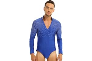 JEATHA Men's One-Piece Shirt Bodysuit Long Sleeve V Neck Latin Dance T-Shirt Ballroom Leotard